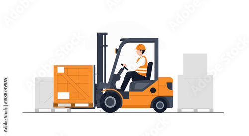 Forklift driver loading cargo boxes in warehouse, logistics and delivery concept