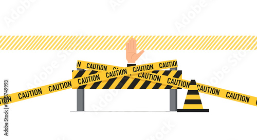 Hand emerging from caution tape barrier, warning, danger, obstacle, help needed
