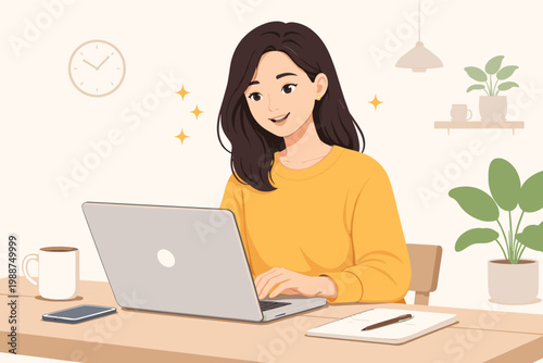 Happy Asian Female Adult Working on Laptop at Home Office Desk, Minimalist Flat Vector Illustration of a Smiling Young Woman Freelancer or Student Studying with Coffee, Notebook, and Plants