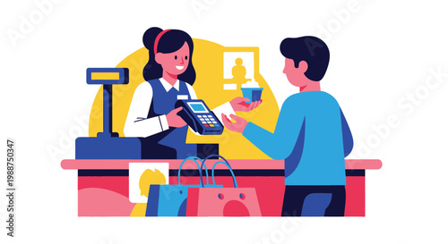 Cashier processing a customer's payment using a POS terminal in a vibrant retail vector graphic design.