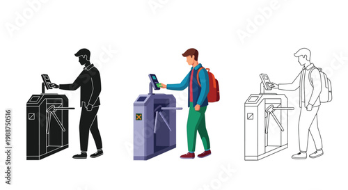Flat vector illustration showing a person passing through a security turnstile gate with a card