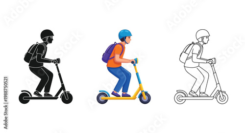 Vector illustration featuring a young student wearing a helmet while riding an electric kick scooter design