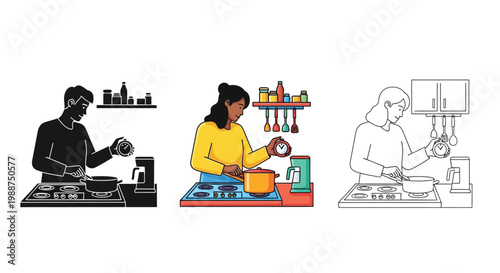 People cooking dinner in the kitchen shown as a vector graphic set with varied art styles