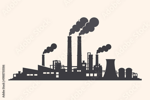 Industrial Factory Silhouette with Smoking Chimneys, Power Plant, Manufacturing Facility, Warehouse Buildings, and Cooling Towers. Flat Vector Illustration for Business, Industry, and Environment.