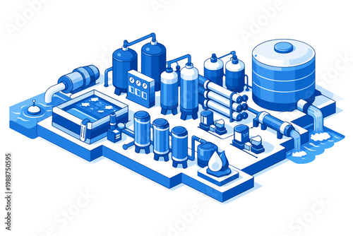 Isometric vector illustration of a modern industrial water filtration and purification plant. Blue and white technical design featuring storage tanks, pipes, filters, and treatment basins.