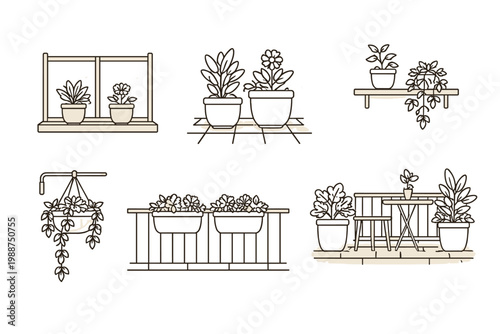 Line icon set of potted plant placement options featuring window sill, garden patio, wall shelf, hanging basket, balcony railing, and outdoor furniture with plants for home decor and gardening.