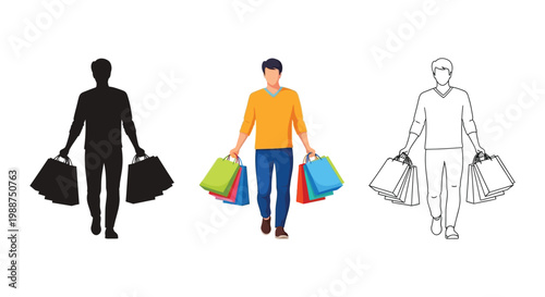 Modern vector illustration of a man walking with numerous shopping bags, presented in three distinct styles.