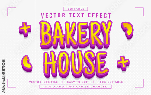 Editable Bakery House Vector Text Effect Style – 3D Cartoon Yellow and Purple with Playful Food Theme
