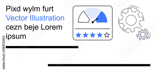 Customer reviews, business performance, evaluation, analytics, system optimization, user feedback. Speed gauge with stars and gear icons. Customer reviews and business performance concept