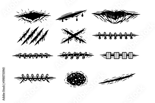 Set of Hand-Drawn Monochrome Vector Illustrations Depicting Various Skin Lacerations, Claw Marks, Deep Cuts, and Surgical Stitches, Ideal for Medical, Horror, or Graphic Design Projects