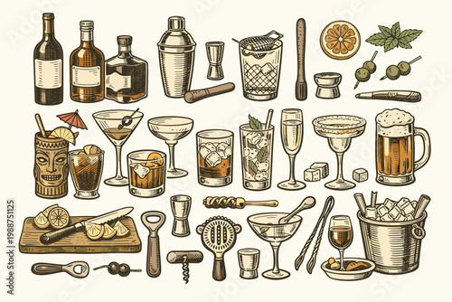 Vintage Hand-Drawn Bar Collection Featuring Cocktails, Shakers, Glasses, Bottles, and Barware Elements. Engraving Style Illustration of Alcohol Drinks, Mixology Tools, and Garnishes for Menus.