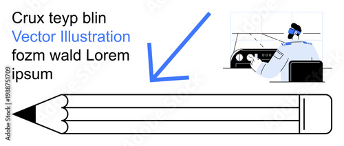 Creativity, productivity, office design, professional equipment, education, art tools. Illustration of a desk setup, a pencil and a blue arrow pointing. Creativity and education concept