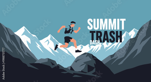 Summit Trash Dash Illustration Of Trail Runner Over Rocks In Majestic Mountain Landscape