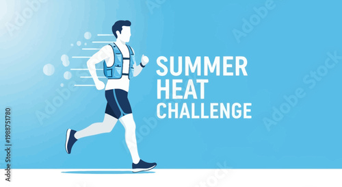 Summer Heat Challenge: Animated Runner Exercising with Hydration Vest on Blue Background