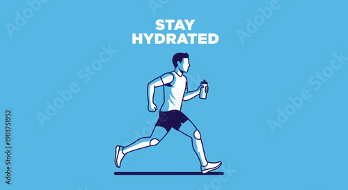 Stay Hydrated Illustration: Active Person Running and Replenishing Fluids on Light Blue Background