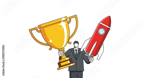 Success Achieved: A Businessman Celebrating With a Trophy and a Rocket to the Stars
