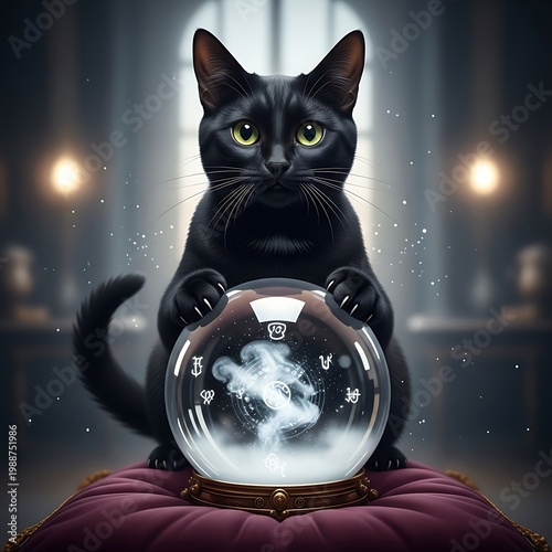Black cat with glowing eyes gazes intently at a crystal ball
