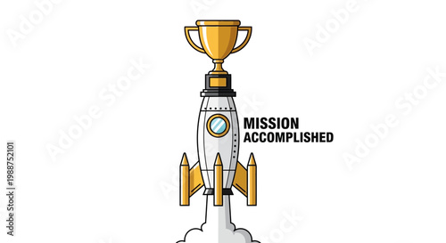 Success Rocket Soaring With Trophy Celebrating Mission Accomplished Goal Achievement