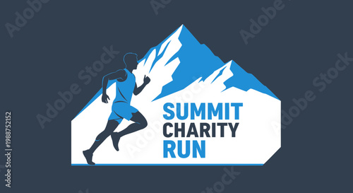 Summit Charity Race Illustration: A Runner Conquering Mountain Ascent in a Blue and White Design