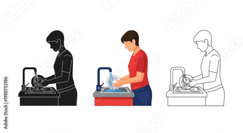Vector graphic showing a person washing dishes in the kitchen sink with multiple design styles displayed