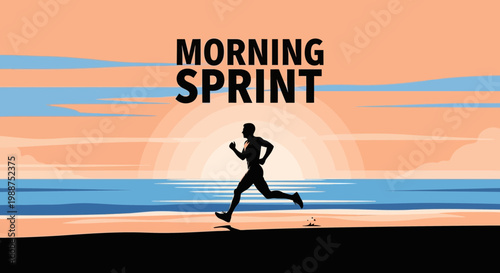 Sunrise Run: A Silhouetted Athlete Sprinting on a Peaceful Beach with the Ocean