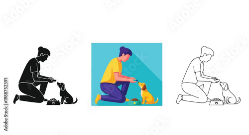 Vector graphic illustration showing a young woman feeding a cute puppy from a small bowl