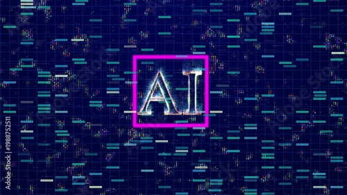 Futuristic Artificial Intelligence Concept Video Featuring The Letters AI Made Of Glowing Digital Particles Within A Vibrant Neon Square Frame Against A Dark Blue Grid Background With Streaming Data