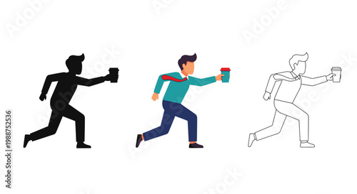 Vector graphic illustration of a man rushing with coffee in three distinct artistic styles