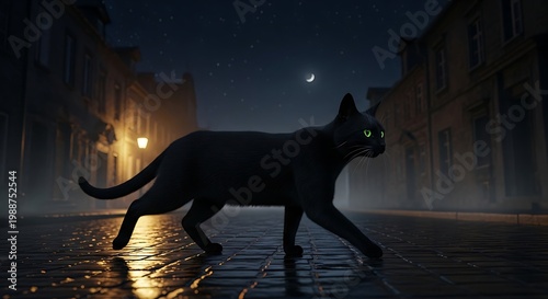 Black cat with glowing green eyes walks down a cobblestone street at night