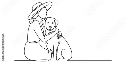 Continuous line drawing of a young woman wearing a sun hat hugging her loyal dog friend. Vector, illustration