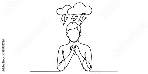 Continuous line art of a man with storm clouds and lightning above his head representing stress Vector, illustration