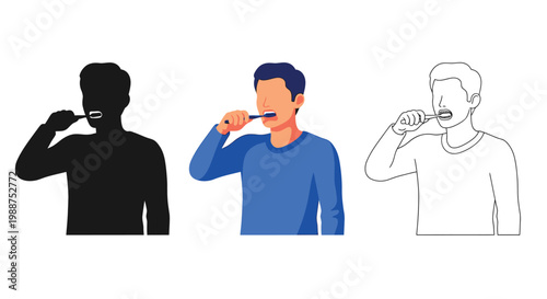 Minimalist vector illustration set showing a man brushing his teeth in different artistic style variations