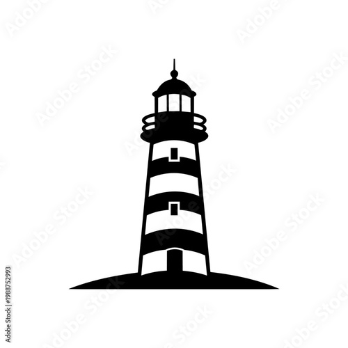 A tall red and white lighthouse tower stands as a maritime beacon of safety on a rocky island coast against a blue sea and sky landscape