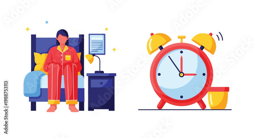 Early morning wake up routine illustration featuring a person in pajamas and a ringing alarm clock vector design