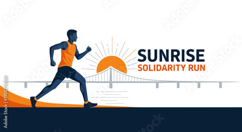 Sunrise Solidarity Run: Dynamic Illustration Of Runner, Bridge, And Vibrant Sunrise Design
