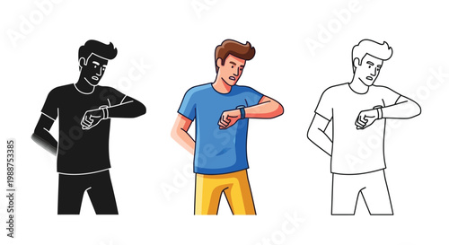 Vector graphic illustration of a young man intently checking his smartwatch or wrist device.