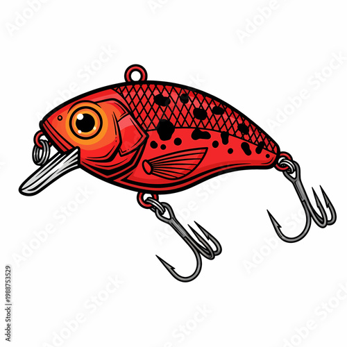 Red fishing lure crankbait illustration with black spots and treble hooks isolated on white