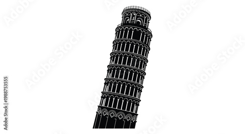 The leaning tower of pisa italy depicted in a stark black silhouette