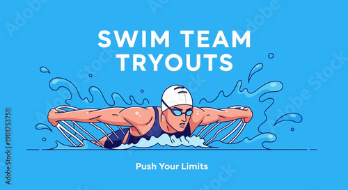 Swimming Competition Advertisement With Blue Background And Cartoon Character