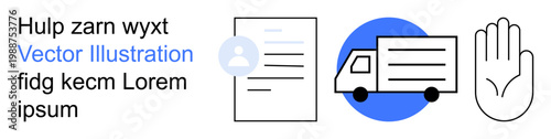 Logistics, document management, user identification, digital communication, delivery services, data security. Vector design with a user profile, document truck and hand gesture. Logistics