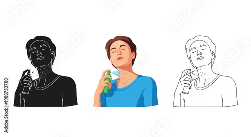 Young man applying fragrant body spray illustration set featuring color and line art vector graphic designs