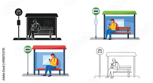 Person waiting for a public bus at the stop in this professional vector graphic illustration set