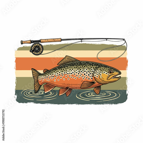 fly fishing illustration featuring a brown trout and rod over a retro sunset background