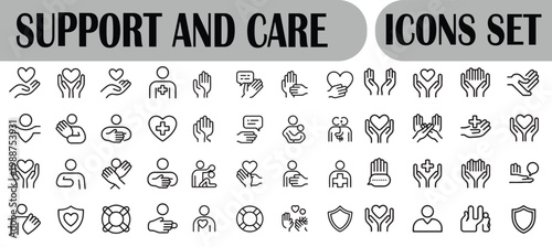 Support and care icons set. editable line icons, outline, help and compassion symbols