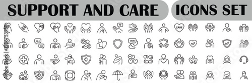 Support and care icons set. editable line icons, outline, help and compassion symbols