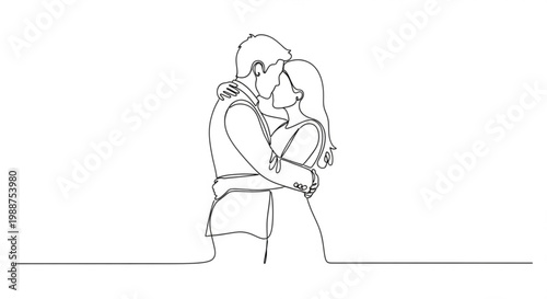 A minimalist line art illustration of a romantic couple embracing and kissing