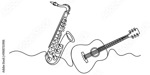 Minimalist continuous line drawing of a saxophone and an acoustic guitar on a white background Vector, illustration