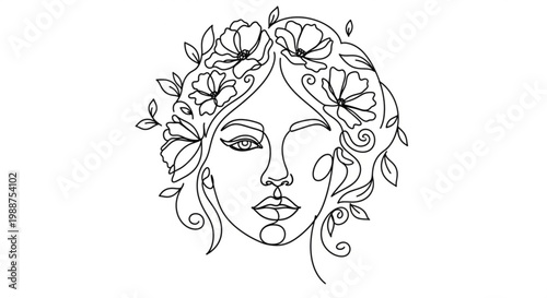 A minimalist line art illustration of a woman's face adorned with flowers and leaves