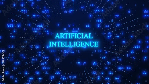 A Futuristic Digital Animation Featuring Glowing Cyan Artificial Intelligence Typography Centered On A Dark Blue Background With Radiating Dotted Lines, Binary Code Sequences, And Shimmering Blue