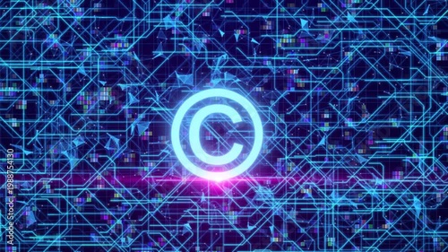Glowing Blue Copyright Symbol Centered On A Dark Blue Background With Complex Digital Circuit Lines And A Plexus Network Of Nodes. Features Vibrant Pink Lens Flare And Colorful Pixelated Data Blocks F